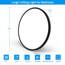HOVENLA 20 Inch LED Flush Mount Ceiling Light Fixture - 48W Dimmable Ceiling Light with Remote, 4800lm, 3000/4500/6000K Adjustable LED Kitchen Ceiling Lamp for Bedroom, Black