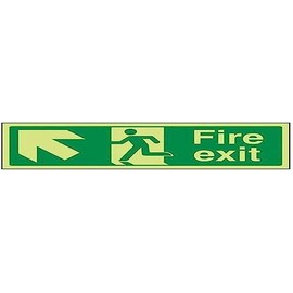 VSafety Glow In The Dark Fire Exit Arrow Up Left Sign - 600mm x 200mm - Rigid Plastic
