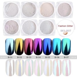 Pearl Chrome Powder Nail Glitter, White Iridescent Aurora Chrome Rubbing Dust Neon Mermaid Mirror Pigment Rainbow Holographic Chameleon Powder Chrome Pearlescent High Gloss for Nail Decorations.