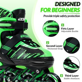ECOO Adjustable Inline Skates Boys and Girls with Light up Wheels，Roller Skates for Kids Ages 4-12, Teen Skates for Beginner Outdoor and Indoor (Green & Black, Large-Youth（3-6 US）)