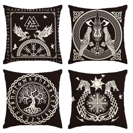 Artoid Mode Viking Tree of Life Raven Helmet of Awe Cushion Covers Set of 4 40 x 40 cm Decorative Cushion Cover Couch Living Room Decoration