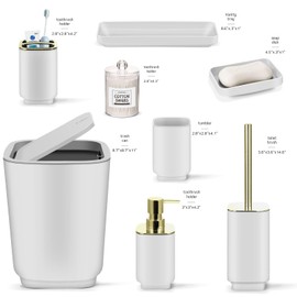 IMAVO White Bathroom Accessories Set,11Piece Bathroom Accessory Gift Set,Tray,Trash Can,Toothbrush Holder,Toothbrush Cup,Soap Dispenser,Soap Dish,Toilet Brush and Qtip Holders
