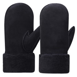 Harssidanzar Mens Winter Mitten Gloves,Sheepskin Shearling Heated Warm Furry Cuff Mitten Gloves For Winter Cold Weather KM042, Black, Size M