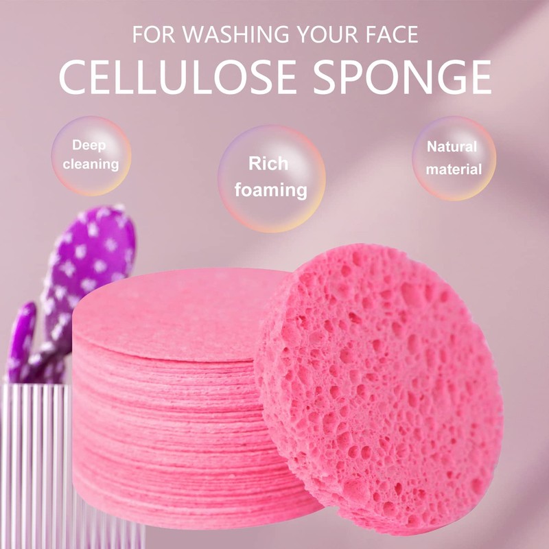 Spunspon 50-Count Facial Sponges, Compressed Natural Cellulose, Pink, Round Shape,