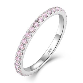 YL Stackable Ring 925 Sterling Silver Stacked Rings 1.5mm Birthstone Eternity Bands for Women, Metal, Pink Tourmaline