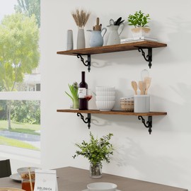 RICHFOCUS Floating Shelves for Wall Decor, 31.5W x 8D Wall Shelves Set of 2, 8" Deep Rustic Wood Floating Shelves Wall Mounted with Brackets, Wall Shelves for Living Room Bedroom Kitchen, Rustic Brown