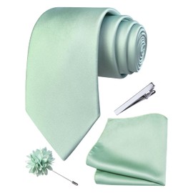 Branduce Mint Tie for Men Wedding Solid Satin Silk Blend Necktie Pocket Square Tie Clip and Lapel Pin Brooch Set (TA14-25)