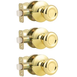 GOBEKOR 3 Pack Keyless Passage Door Knobs Closet Polished Brass Interior Door Knob with Lock Tulip Passage Knob Interior for Hallway