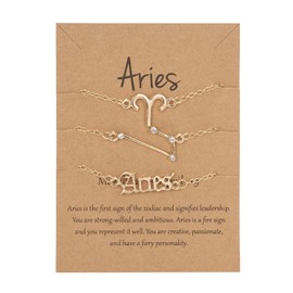 COLORFUL BLING 3 Pcs 12 Constellation Horoscope Bracelet Set 18K Gold Plated Crystal Zodiac Sign Layered Bracelets with Exquisite Letter Astrology Horoscope Card for Women Birthday Jewelry-Aries