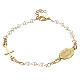 Flongo Catholic Rosary Bracelet for Women: Classic Stainless Steel Cross Pearl Beaded Bracelet Virgin Mary Rosary Bracelet with Card Gold