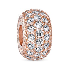 Sparkling Dome Clear White Crystal Spacer Stopper Barrel Bead Charm For Women Teens Rose Gold Plated .925 Sterling Silver Fits European Bracelet