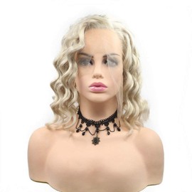 RainaHair 14" Short Wavy Wig Heat Resistant Side Part Pastel Blonde Lace Front Wigs for Women Bob Fashion New Hairstyle Half Hand Tied Party Drag Queen