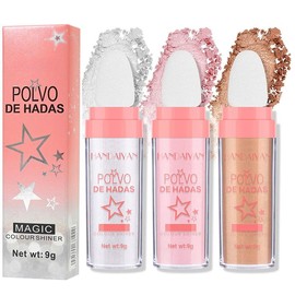 Handaiyan 3 Color Highlighter Trio Shimmer Glitter Patting Highlight Puff, Glow Luminizer Sparkle Fairy Highlighters For Brighten Makeup Kit Bronzer Golden - Color: Pack of 3