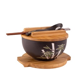 Hinomaru Collection Japanese Kamameshi Style Rice Noodle Bowl with Bamboo Lid Trivet Chopsticks and Porcelain Spoon Bowl Set (Bamboo)