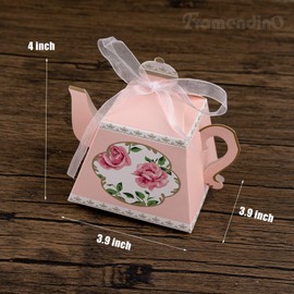 Framendino, 50 Pack Teapot Candy Boxes Mini Teapot Favor Boxes Vintage Floral Teapot Box with Ribbon for Tea Time Garden Wedding Bridal Birthday Party Decoration (Pink)