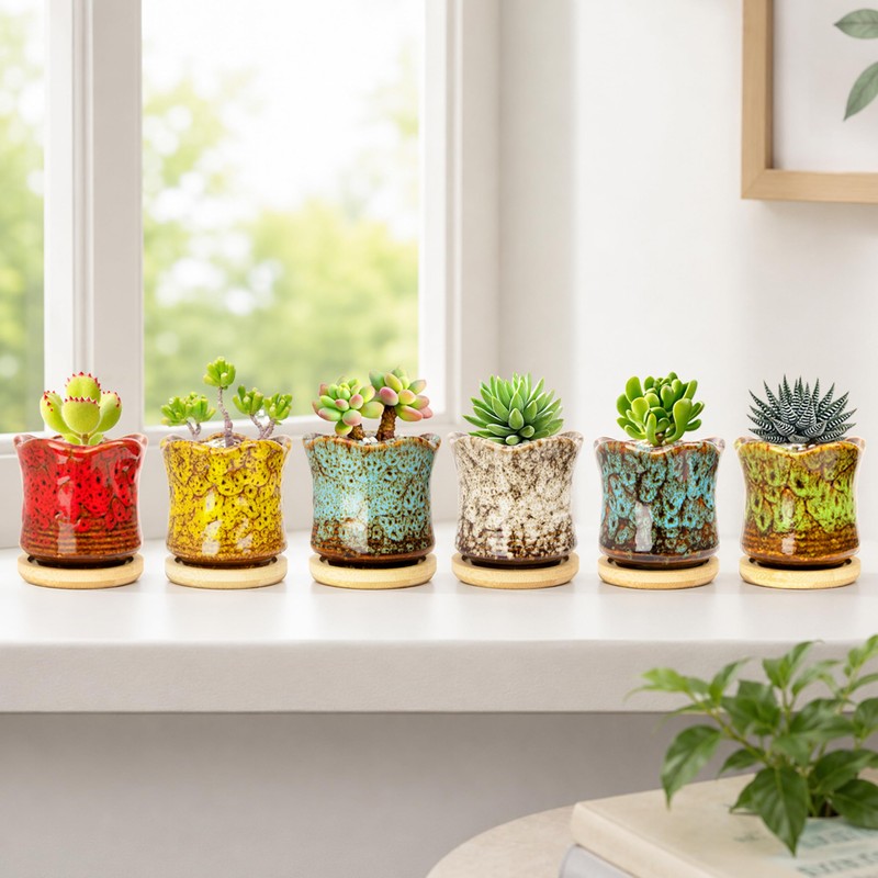Succulent Pots with Drainage Tray, Cute Ceramic Pots for Plants