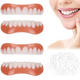 QincLing 2 Pairs of False Teeth Veneers, Temporary Teeth, Artificial Teeth, Fake Teeth, Dentures, White, Temporary Denture with Dental Repair Beads, Teeth Cosmetic Tooth Cover