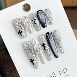 [Overseas] Cross Nail Party Chic Handmade Wearing High-Quality Crochet Black Cat Eye Wearing Detachable Nail Art Medium Oval Edge Style/XS 4ea