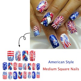 LBPEPAMZ 24Pcs Independent Day Press on Nails Medium Square Fake Nails with 4th of July Hat Design Blue Star French Tip Acrylic False Nails Colorful America Flag Full Cover Glue on Nails for Women
