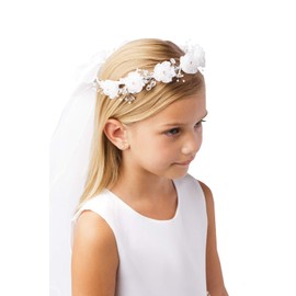 Girls White Pearl Rhinestone Center Floral Crown First Communion Flower Girl Head Wreath with Veil #779