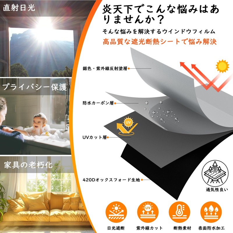 遮光シート 窓遮光シート 窓断熱シート DIY完全セット 紫外線遮断 UVカット 420dオックスフォード 窓ガラス 遮光断熱シート 日除けシート