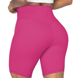 Sunzel - Pantalones cortos de motociclista de cintura alta sin costuras frontales para mujer, a prueba de sentadillas, yoga, entrenamiento, gimnasio, bicicleta, Rosa encendido, Small