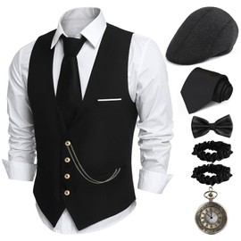 PARTTELY 1920s Mens Costume,Roaring 20s Costumes for Men,1920S Mens Outfit Accessories with Vest Hat Pocket Watch Tie Armband