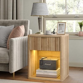 FUSOU Night Stand with Charging Station, Large LED Nightstand with Drawer and Storage Shelf, Lighting Modes Adjustable, Modern Wood Nightstand Side Table End Table for Bedroom, Living Room, Oak - Color: Grey, Pieces: 1 Piece