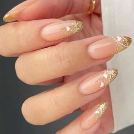 ANDGING Gold Press on Nails Almond French Tip Short Medium Fake Nails with Glitter Heart Designs Acrylic Glue on Nails for Wedding Gel Manicure Bling False Nails for Women Pressons Stick on Nails