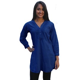 ayurvastram Pure algodón camisa túnica parte superior Kurti, color Azul, talla 30W: Body Chest 58 inches