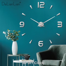DaLianLian 3D DIY Wall Clock Large Frameless Decor Sticker, Minimalist Design Time Markers, Metal Hands, Silence Quartz Movement, Decoration for Home, Office (Silver)