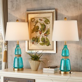 YIMNOVP Set of 2 Blue Glass Table Lamps 3-Way Dimmable Touch Control Bedside Lamps with 2 USB Ports Nautical Decoration Lamps for Bedroom Living Room Office (Bulbs Included)