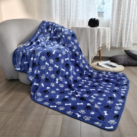 AIWEK Waterproof Dog Blanket, Pattern Printing Super Soft Warm Fluffy Facecloth Sofa Car Bed Protector, Urine Proof Washable Outdoor Pet Blanket for Puppy Large Dogs & Cats(paw & Bone80*60) Blue