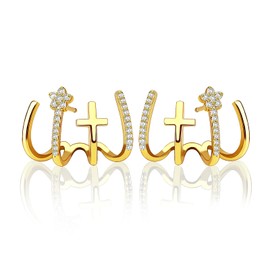 Claw Earring Cuff - Needle Cuff Earrings Claw Stud Earrings for Women Ear Cuff Earrings Stud with Cubic Zircon Sterling Silver Post Earrings by JINOSSV (Gold)