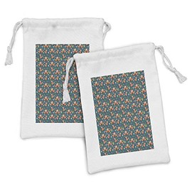 Lunarable Cartoon Fabric Pouch Set of 2, Happiness Forest with Fox Smiling Tulip Flowers Strawberries Joyful Nature, Small Drawstring Bag for Toiletries Masks and Favors, 9" x 6", Dark Teal Vermilion