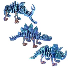 DEFORAGE 3Pcs 3D Printed Dinosaur, Articulated Stegosaurus Triceratops Mammoth - 3D Printed Animals Flexible Ornaments, for Autism ADHD, Birthday Gifts Desktop Home Decor,Gift for Friends