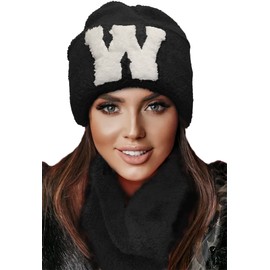 4sold Faux Fur Beanie Hat and Scarf for Women Fleece Line Ski Skull Hat Slouchy Winter Hats for Men and Women, black