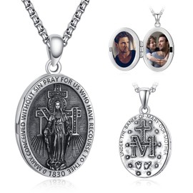 ADMETUS Miraculous Medal Locket Necklace Sterling Silver Virgin Mary Locket Necklace for Women Oval Virgin Mary Pendant Protection Jewellery Religious Gifts for Men