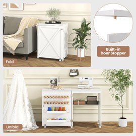 Giantex Folding Sewing Table - Farmhouse Sewing Machine Cabinet with Barn Door, 18 Pegs, 2 Storage Trays, Craft Station Side Desk Sewing Cart on Lockable Wheels (White, 46''L x 16''W x 30''H)