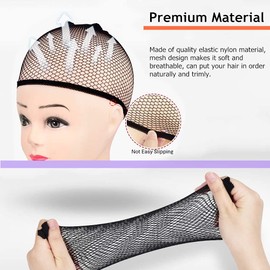 RuiChy 10pcs Black Wig Net, Open End Stretch Mesh Wig Cap and 4pcs Magic Hair Pad, Unisex Nylon Hair Net for Long and Short Hair