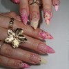 24Pcs Pink Flower Press on Nails Almond French Tip Fake