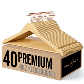 HOUSE DAY Wooden Clothes Hangers, 40 Wooden Clothes Hangers, Natural Clothes Hangers for Suits, 360° Rotating Hook in Rose Gold, Non-Slip, Notches in the Shoulder Area