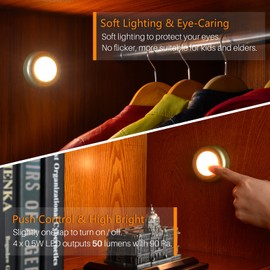 STAR-SPANGLED 5 Pack 2.8” Push Tap Lights, Stick on Touch Puck Lights AAA Battery Operated, LED Sticky Button Lamps for Classroom, Kitchen, Under Cabinet, Closet (Golden, Warm White)