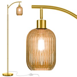 gernehop Glass Floor Lamp for Living Room, Modern Gold Standing Lamp with Ribbed Glass Lampshade Pedal Switch, 67” Tall Lamp for Bedroom Study Room