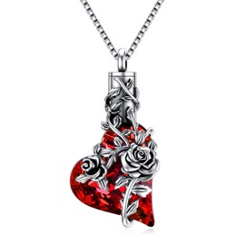 PELOVNY Rose Cremation Jewelry For Ashes Sterling Silver Heart Crystal Necklaces To Hold Ashes Flower Necklace For Ashes Of Loved One