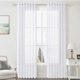 Guken White Semi Sheer Curtains 84 Inches Long for Kids Bedroom Living Room Dining Room Textured Light Filtering Back Tab Rod Pocket Butterfly Cute Pom Pom Boho Drapes,52x84 Inches,2 Panels