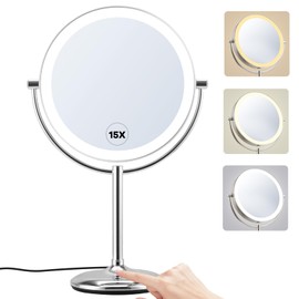 M MIVONDA Makeup Mirror with Lights,1X/15X Brushed Nickel Large Magnifying Mirror with Light, 360°Double Side Mirror,3 Color Lights & Adjustable Brightness Vanity Mirror,Gift for Christmas Day
