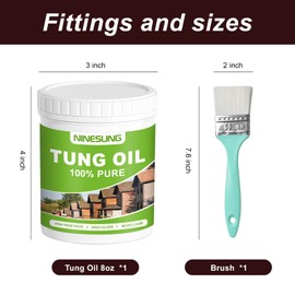 Pure Tung Oil for Wood with Wood Brush, Premium Wood Oil - Waterproof Wood Sealer Indoor and Outdoor, Tung Oil for Unfinished Bare Wood, Such as Wood Furniture, Wood Floors (8 Ounces)