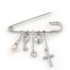 'Simulated Pearl, Cross, Lock&Key' Safety Pin Brooch In Rhodium Plated