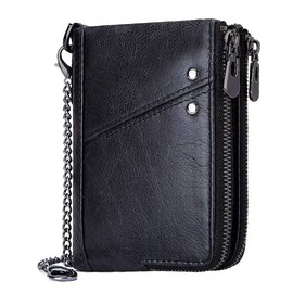 HollyRobin Men's Bi-fold Wallet, Genuine Leather, Large Capacity, Holds 15 Cards, Coin Purse, Card Case, Compact with Chain, Black